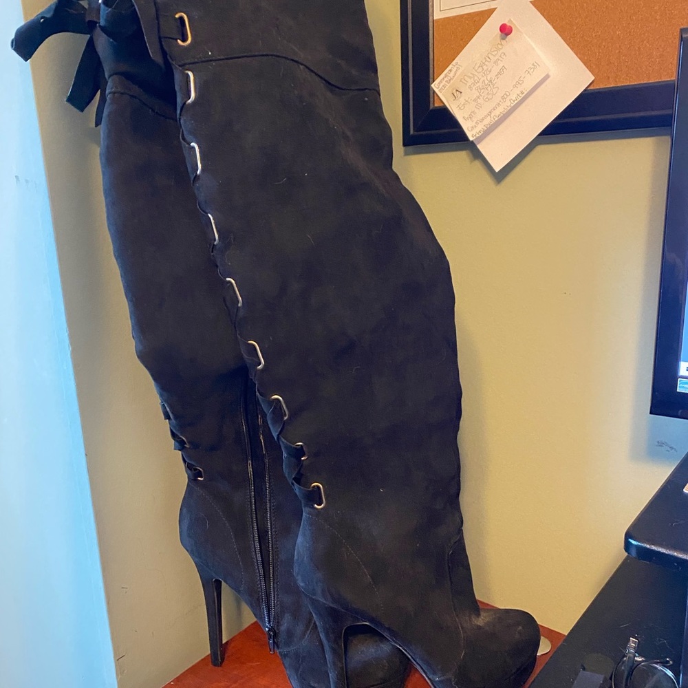 *NEW* ShoeDazzle Over The Knee Laceup 5in Suede Black Stiletto Boots - Picture 4 of 9